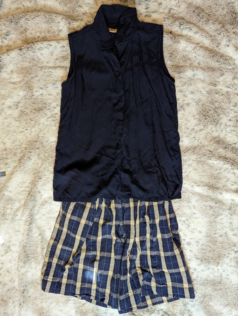 ​Vintage 90s Roo Crossing 2 Piece Shorts Set Navy Rayon Vest & Plaid Shorts 4P